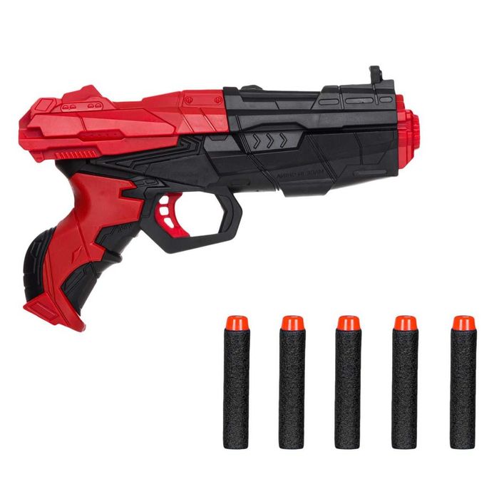 Jucarie Pistol Blaster Blaze cu lansator, 5 sageti soft din spuma, plastic, rosu